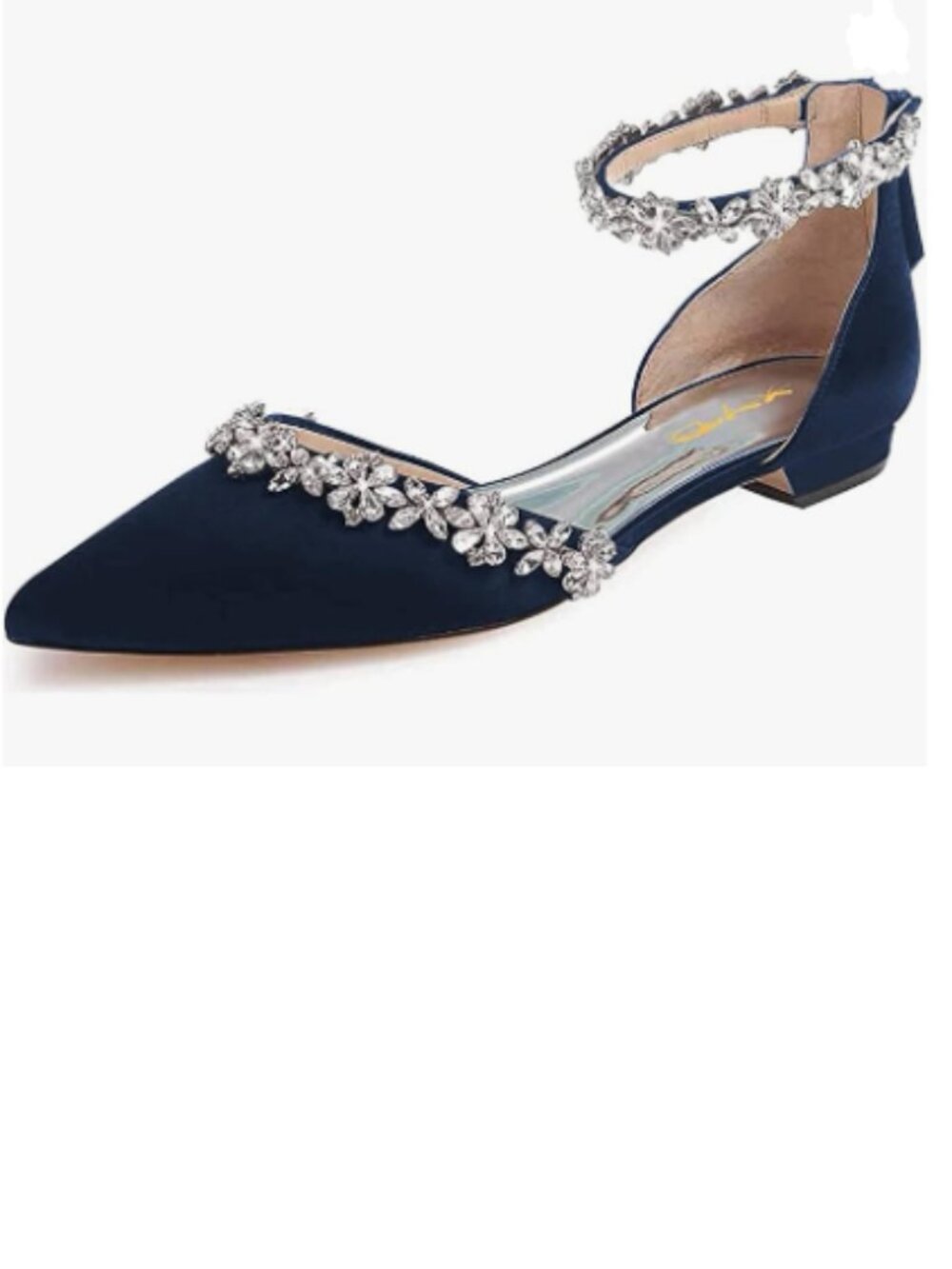 XYD Navy Pointed Toe D'Orsay Wedding Flat Sparkly Rhinestones Ankle Strap Sandal